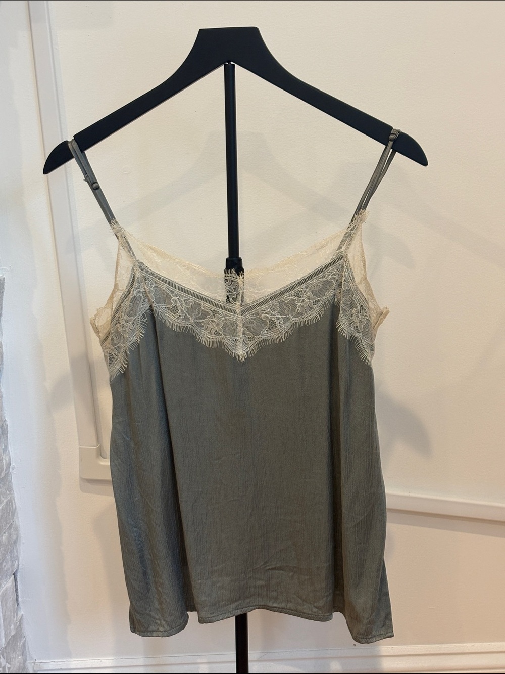 Zara Woman Sage Green Silk Cami with Cream Lace